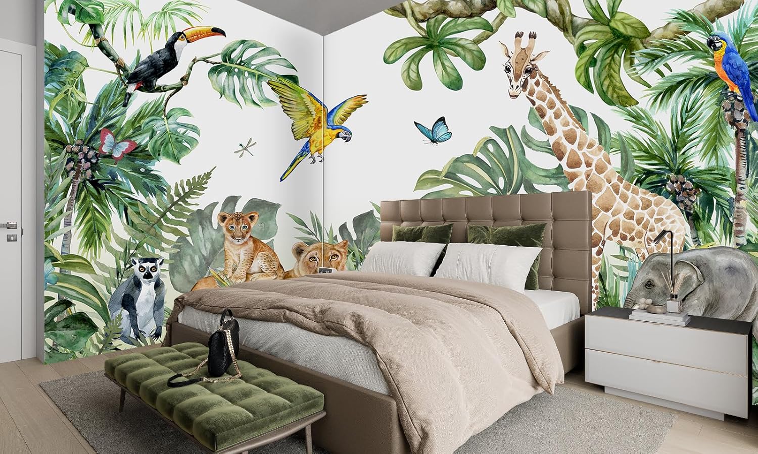 Safari Wallpaper for Children with Animals Jungle Wall Mural Watercolor Animals Nursery Wallpaper Kids Room Decor(Not Peel n' Stick)