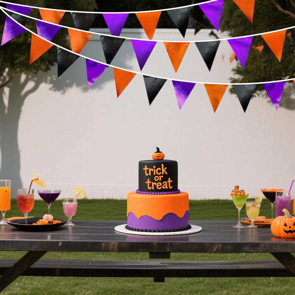 Black Orange Purple Halloween Party Decorations Metallic Fabric Triangle Pennant Banner Flag Bunting Garland for Birthday Baby Shower Bachelorette Trick or Treat Halloween Holiday Party Supplies