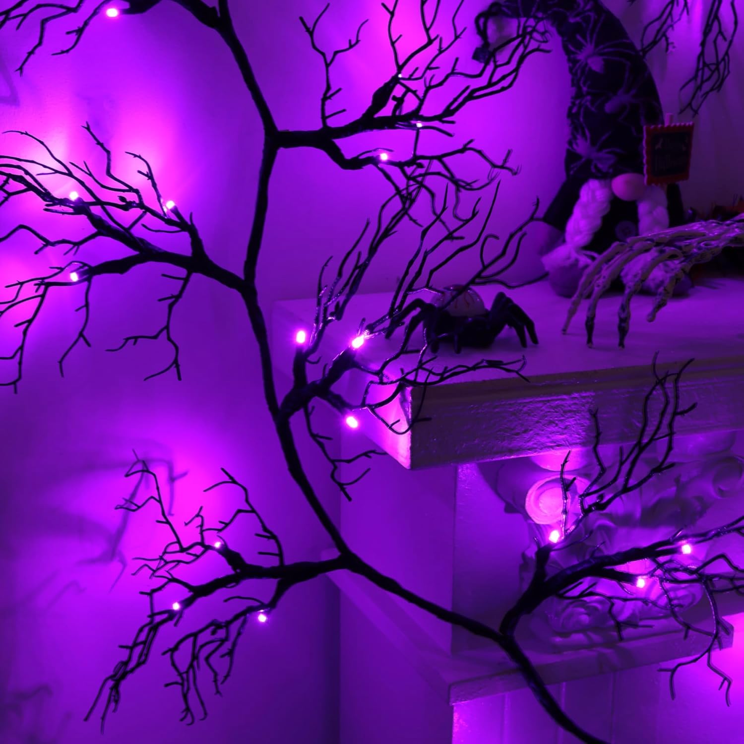 6 Ft 45 LED Willow Vine Twig Decor Black Halloween Garland with Purple Lights, Timer 8 Modes Waterproof Battery Operated Indoor Halloween Decorations for Wall Fireplace Mantle Home Office Party Decor