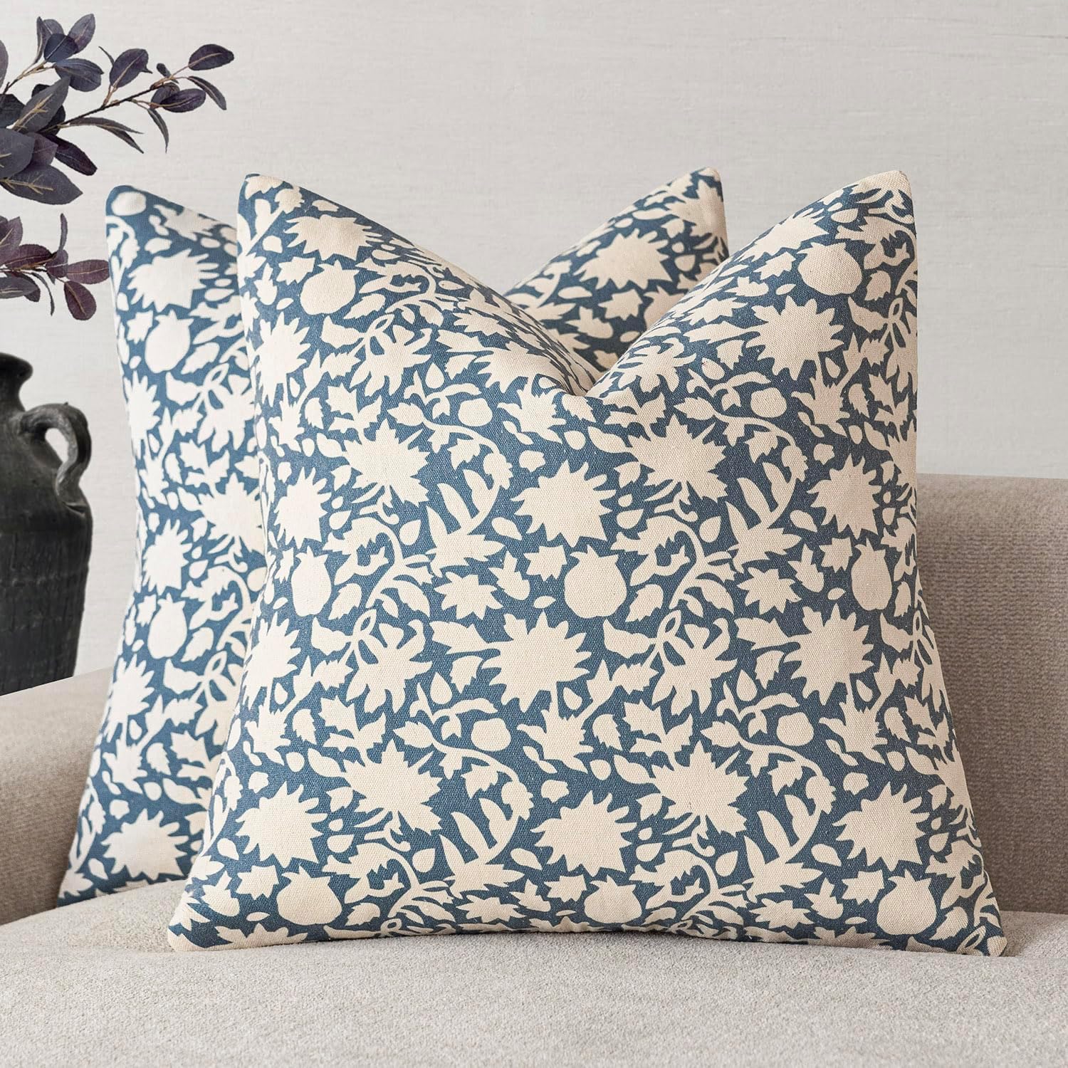 Foindtower Set of 2 Decorative Neutral Floral Throw Pillow Covers Accent Farmhouse Cushion Covers Boho Vintage Pillowcase for Couch Sofa Bedroom Living Room Home Decor Outdoor,24×24 Inch,Dusty Blue