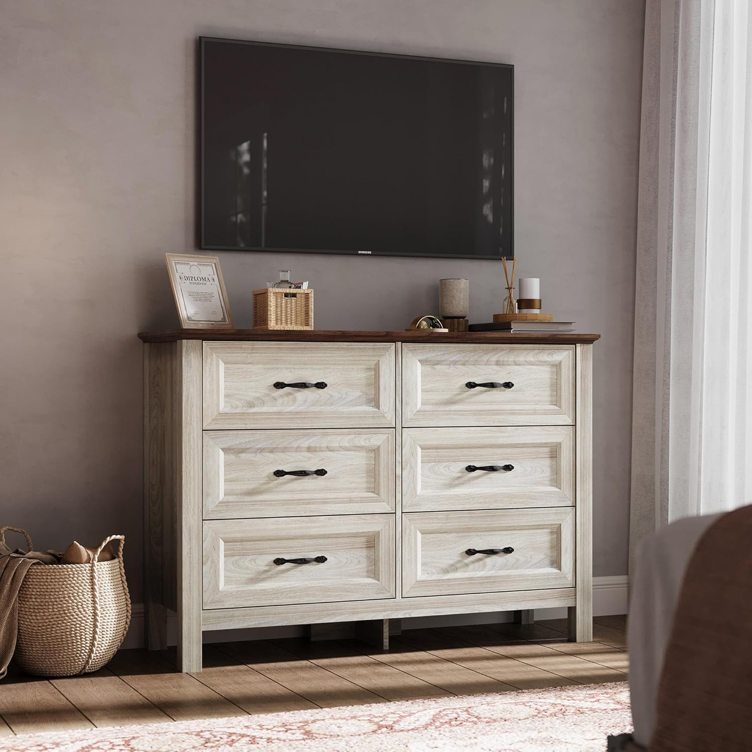 LINSY HOME Farmhouse 6 Drawers Dresser, White Wood Dresser for Bedroom Wide Chest of Drawers, French Country Storage Double Dressers Organizer for Bedroom, Living Room