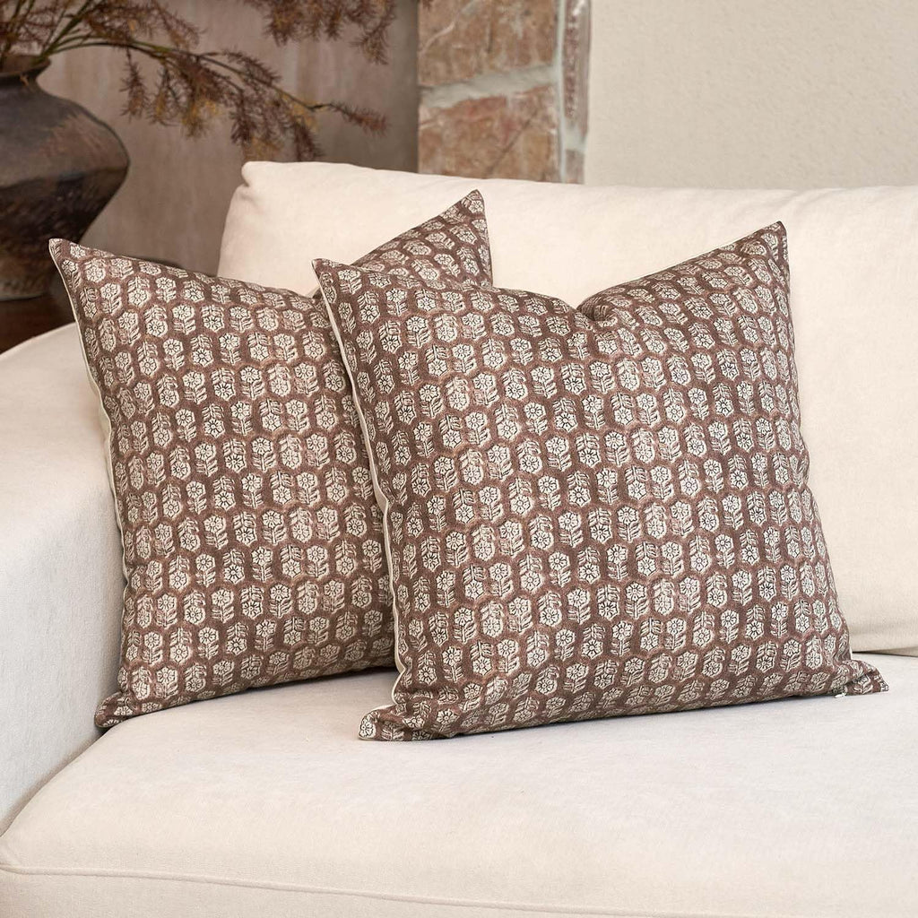 DOMVITUS Floral Pillow Covers Set of 2, 24x24 Pillow Covers, Floral Print Neutral Accent Decorative Pillow Covers for Living Room, Bed, Cognac Brown