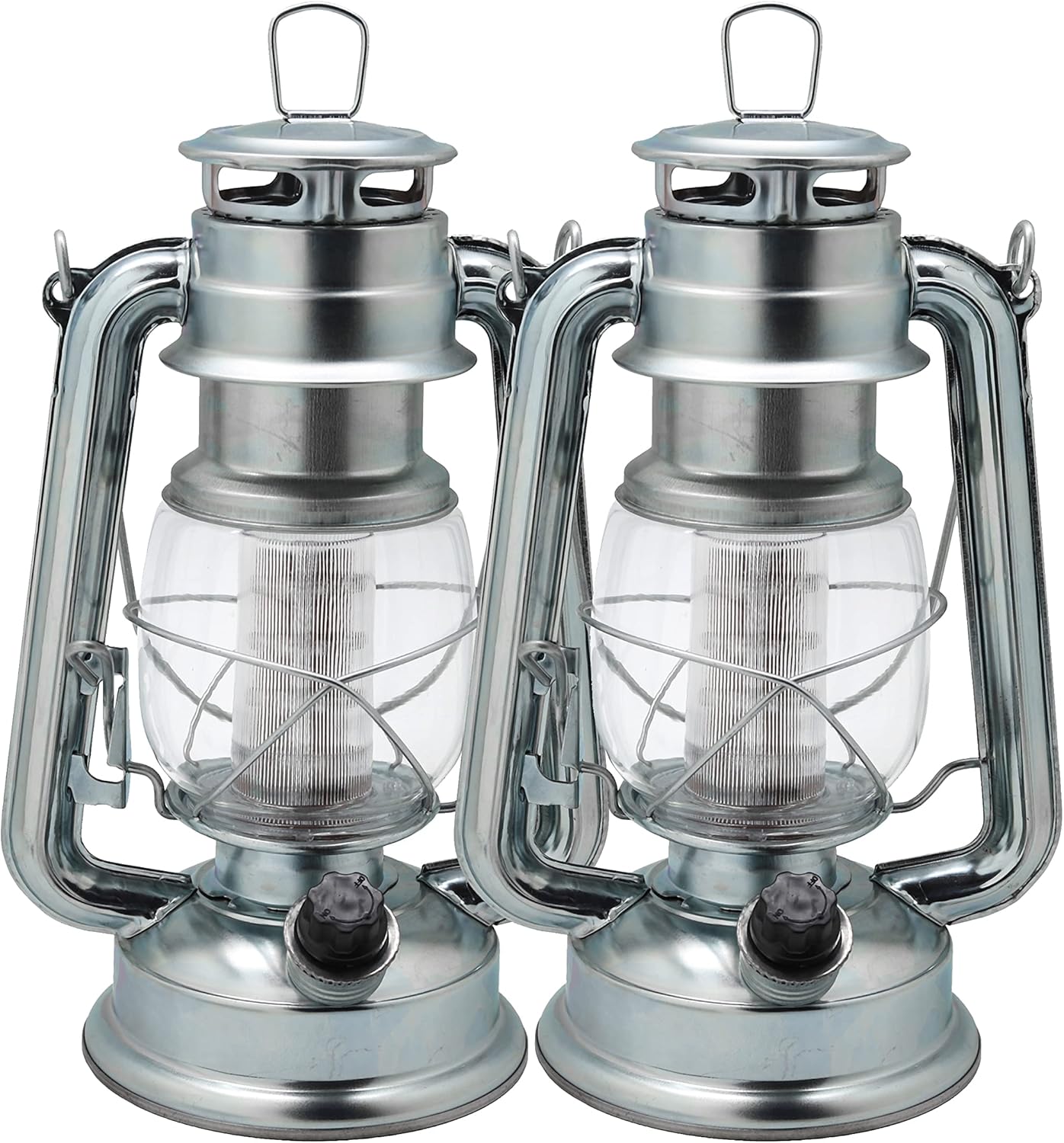 YAKii LED Vintage Lantern Metal Hanging Hurricane 12 LED Dimmer Switch Cold White Battery Operated Power Outage Indoor Camping Lighting Outdoor Brooklyn (Silver 2 Pack)