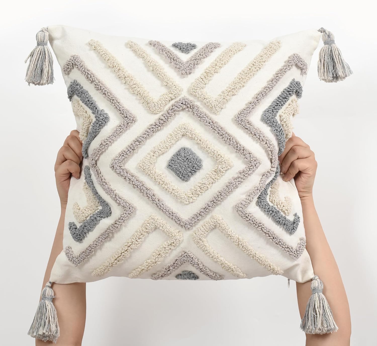 Boho Pillow Covers 18X18 Inch Boho Tufted Throw Pillow Covers Decorative Tassels Cushion Cover Farmhouse Pillow Case for Couch Sofa Bed Living Room Bedroom, Grey Netural