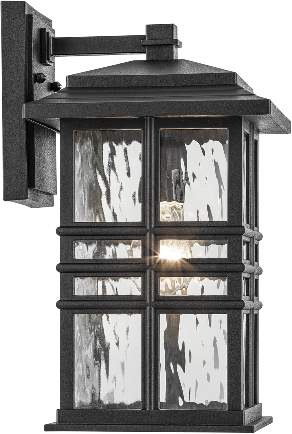 KICHLER Beacon Square 14.25" 1-Light Outdoor Wall Light with Clear Hammered Glass in Textured Black, for Exterior Doors, Garage, Porch, or Patio (14.25" x 8"), 49830BKT