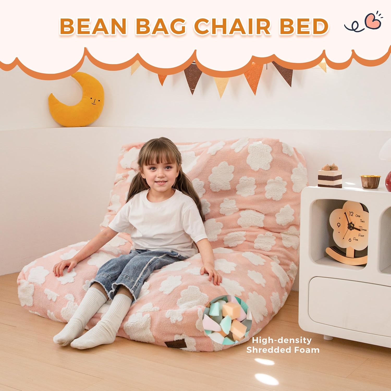 MAXYOYO Bean Bag Chair Bed for Kids, Convertible Bean Bag from Lazy Chair to Floor Bed, Fresh Cloud Design Cover, Stuffed Floor Sofa Couch for Boys and Girls, High-Density Foam Filling, Pink