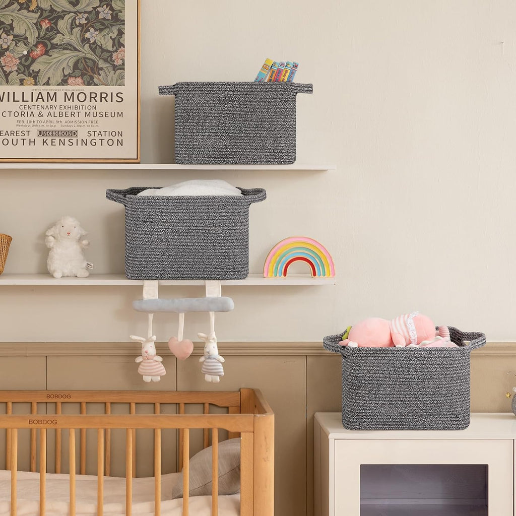 OIAHOMY Storage Basket, Woven Baskets for Storage, Cotton Rope Basket for toys,Towel Baskets for Bathroom - Pack of 3, Black