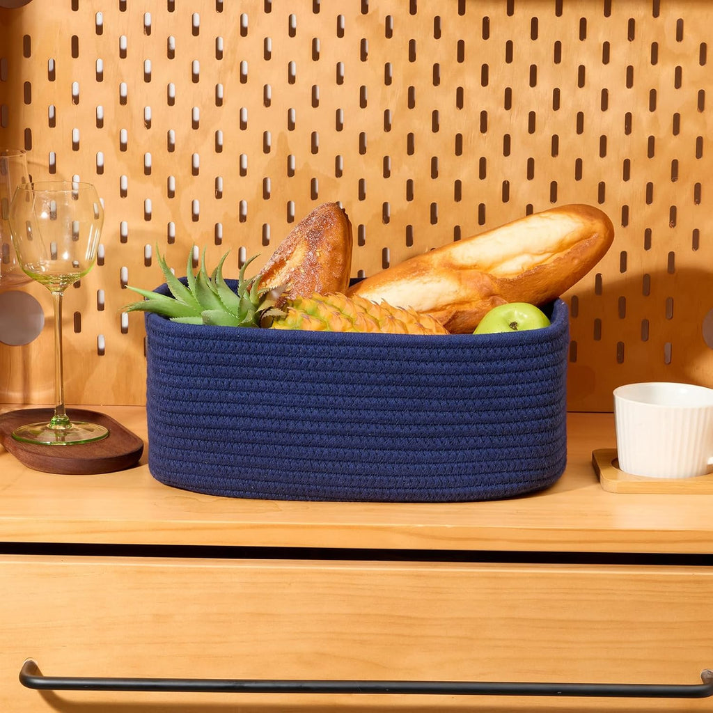 Small Storage Baskets for Organizing | Closet Organizer Bins | Shelf Toy Basket | Woven Rope Baskets | Cube Decorative Box | Shallow Basket | 13x8.5x5.1” | 3 Packs Navy Blue