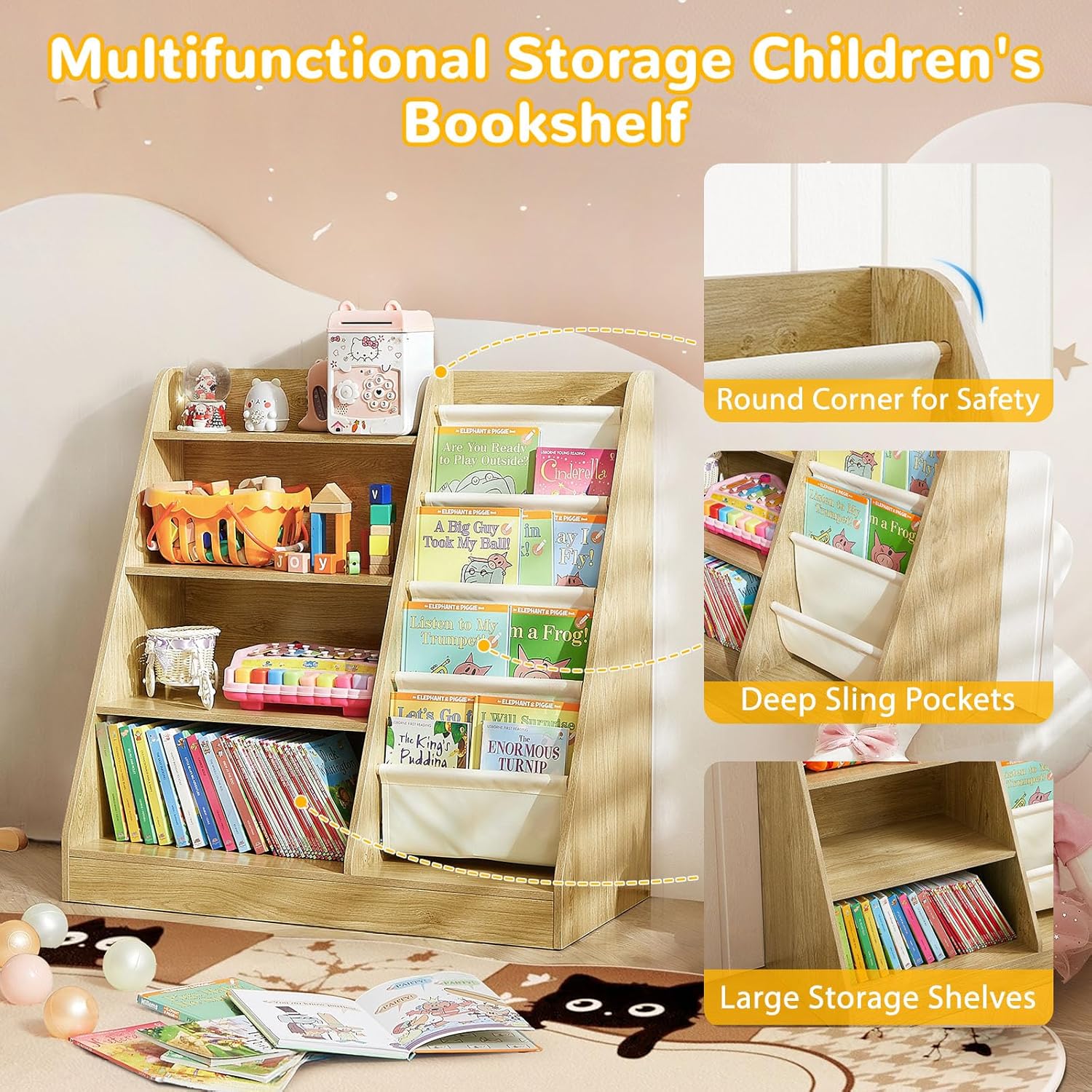 Kids Bookshelf, 4-Tier Kids Wooden Bookshelf with Toy Storage Montessori Toy Shelf, 32”L x 16”D x 32”H Nursery Bookshelves Childrens Bookcase Baby Toddler Book Shelf for Kids Rooms Clearance