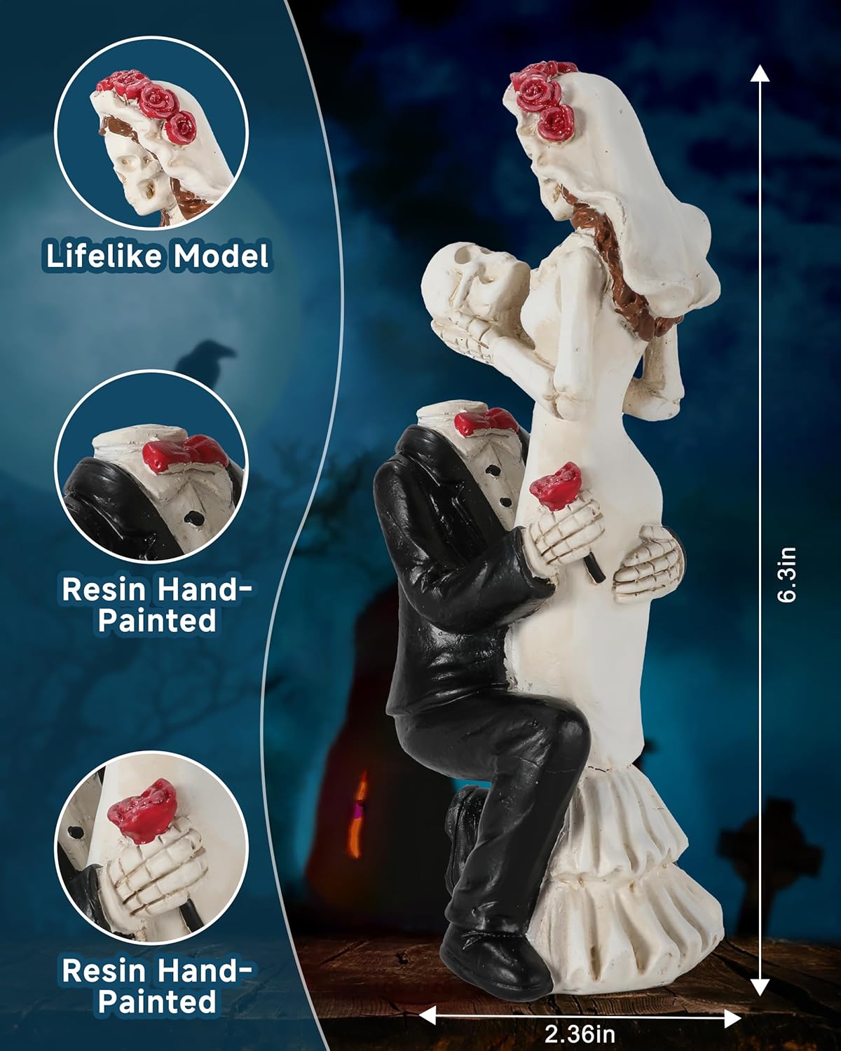 Skeleton Bride and Groom 6.4'' - Dia De Los Muertos Figurines Day of The Dead Decorations Till Death Do US Part Decor - Halloween Gothic Wedding Cake Topper Decor (Skeleton Couple)