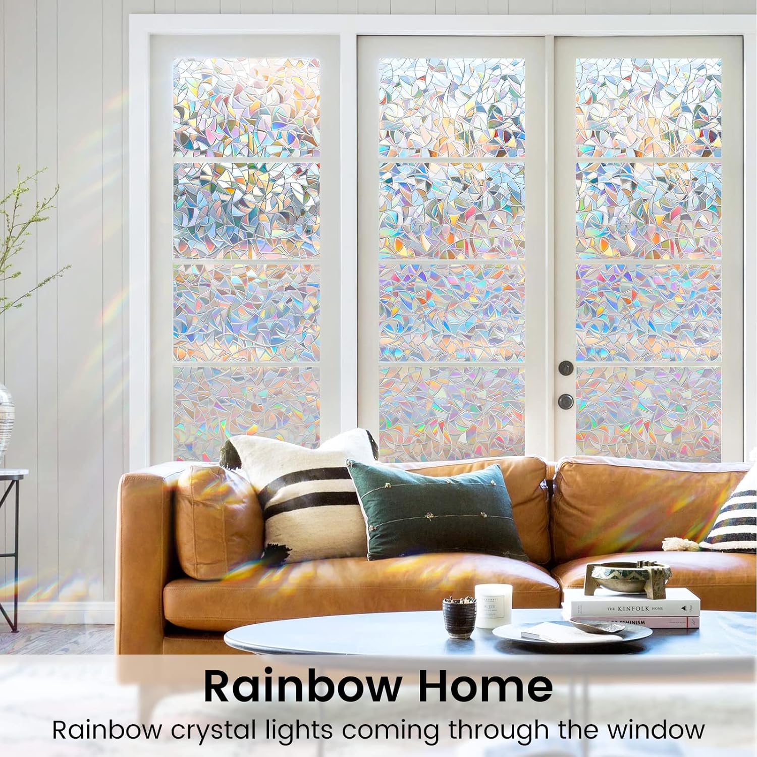 DOWELL Window Privacy Film, Rainbow Window Film, Decorative Stained Glass Clings, Static Cling Door Sticker, Non-Adhesive 3D Decals for Home UV Protection, 17.5 x 157.5 inches