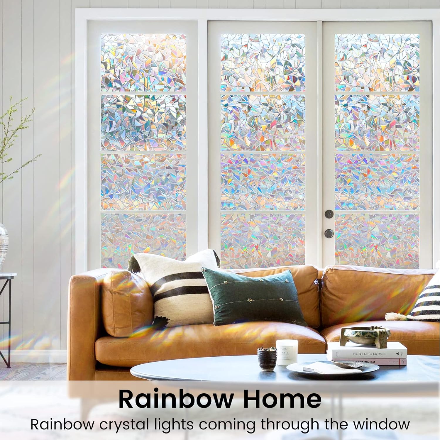 DOWELL Window Privacy Film, Rainbow Window Film, Decorative Stained Glass Clings, Static Cling Door Sticker, Non-Adhesive 3D Decals for Home UV Protection, 35.4 x 118 inches