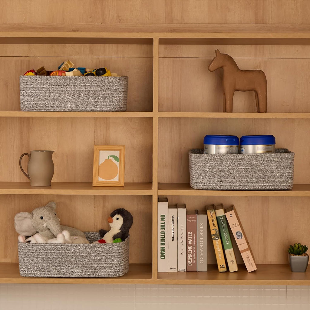 Large Shallow Organizing Baskets 15x11x5.1 Inches - Rope Woven Storage Bins for Bathroom, Shelves, Cube Closet, Mixed Grey 2 Packs