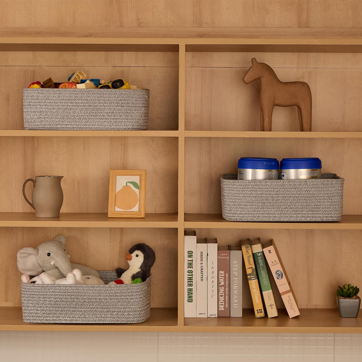 Large Shallow Organizing Baskets 15x11x5.1 Inches - Rope Woven Storage Bins for Bathroom, Shelves, Cube Closet, Mixed Grey 2 Packs