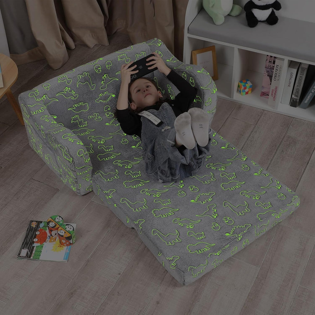Kids Extra Wide Glow in The Dark Chairs for Toddler, 2-in-1 Toddler Soft Sherpa Couch Fold Out, Convertible Sofa to Lounger for Girls and Boys, Dark Grey