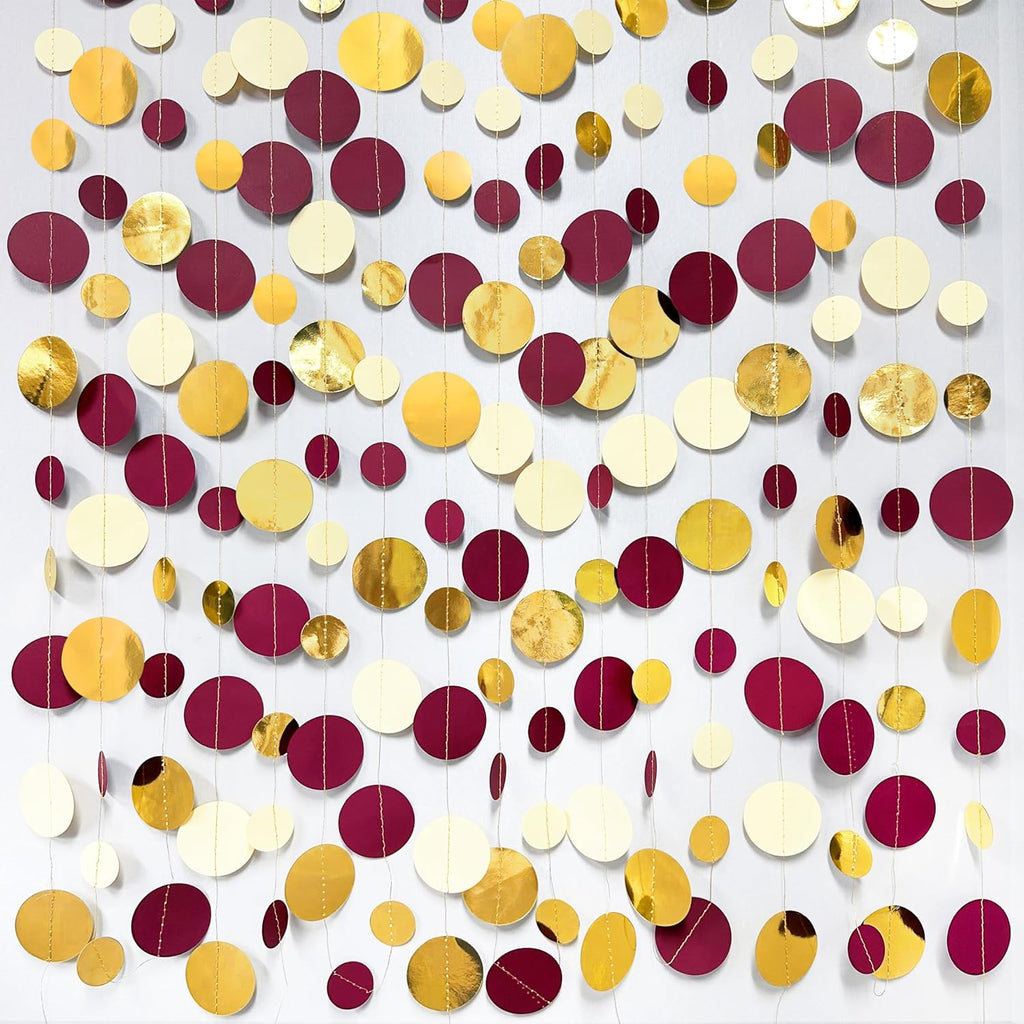 46 Ft Maroon Gold Party Decorations Burgundy Gold Beige Polka Dot Garland Hanging Paper Circle Dots Streamer for Maroon Garnet Graduation Birthday Anniversary Wedding Bridal Shower Party Supplies