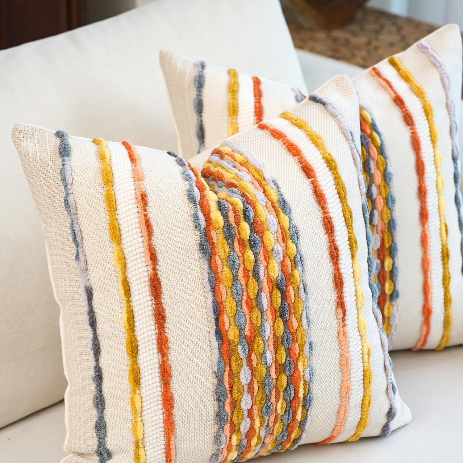 Aeckself Boho Pillow Covers 18x18 Inch Set of 2, Farmhouse Decorative Striped Square Chenille Tufted Accent Neutral Throw Pillow Covers for Living Room Couch Bed, Yellow Orange