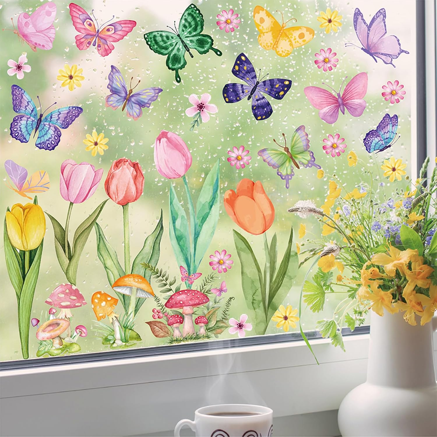 83 PCS Summer Window Clings Spring Flower Window Stickers Decorations for Glass Windows, Easter Tulip Butterfly Flower Window Decals