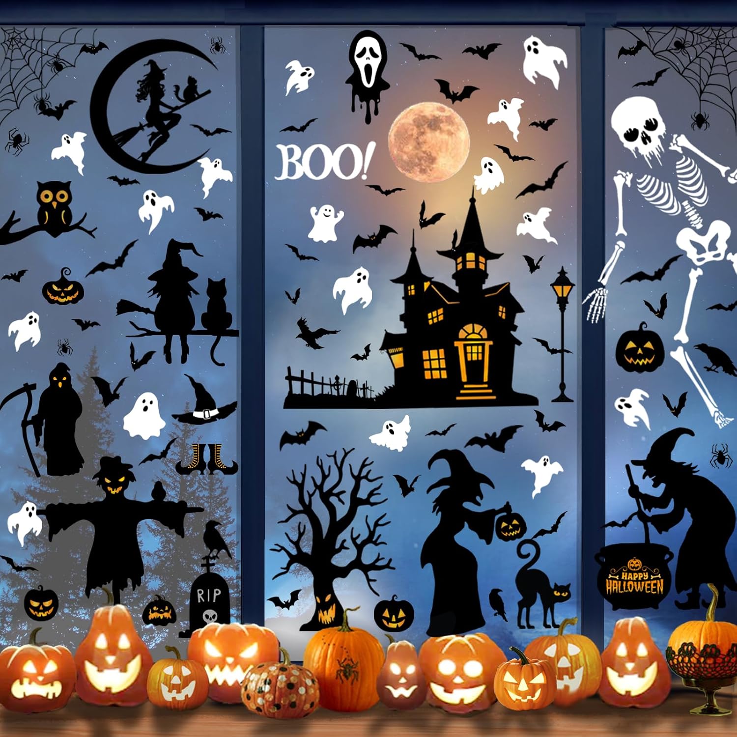 150 Pcs Halloween Window Clings Bats Witches with Cauldron Halloween Window Decoration | Large-Size Double-Side Skeletons Windo Clings Hallowee Party Decoration Reusable & Removable