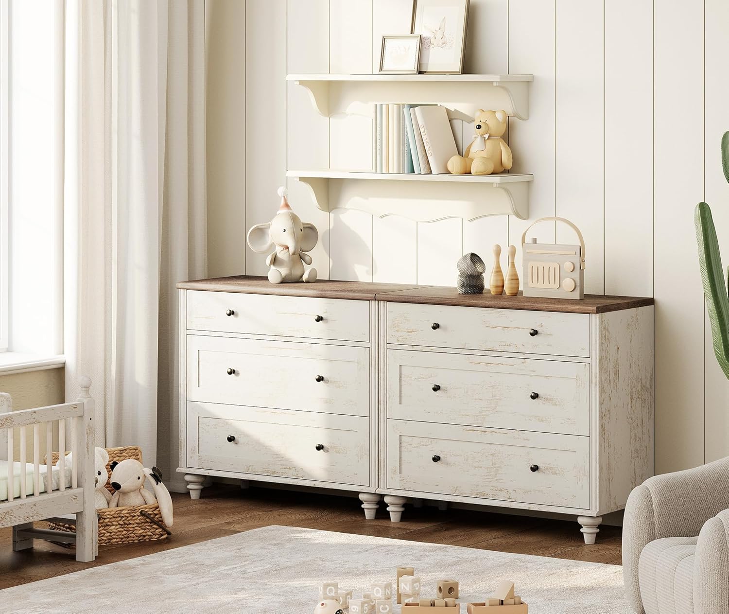 WAMPAT Kids Dresser for Bedroom with 6 Drawers, Baby Dressers with Wide Chest of Drawers, Farmhouse Wooden Closet Storage Organizer, Large Wood Dressers for Living Room, Nursery, Hallway, Rustic White