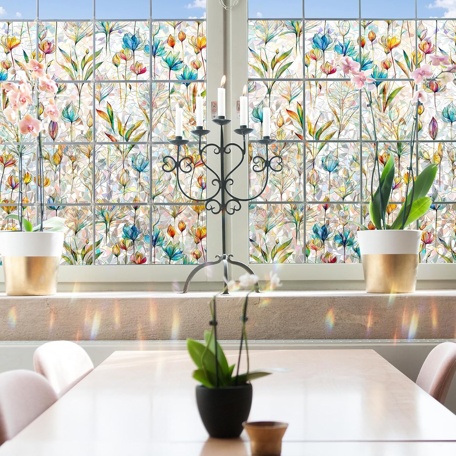 Rainbow Window Privacy Film 3D Floral Decorative Stained Glass Window Film Anti UV Non-Adhesive Reusable 23.6" x 157.4" for Home Room Car Glass Cling