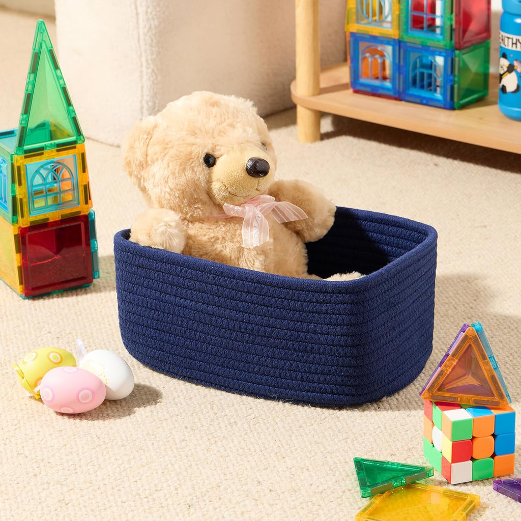 Small Storage Baskets for Organizing | Closet Organizer Bins | Shelf Toy Basket | Woven Rope Baskets | Cube Decorative Box | Shallow Basket | 11.5x7.5x4.7” | 4 Packs Navy Blue