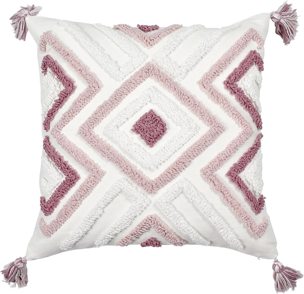 Boho Pillow Covers 18X18 Inch Boho Tufted Throw Pillow Covers Decorative Tassels Cushion Cover Farmhouse Pillow Case for Couch Sofa Bed Living Room Bedroom, Pink