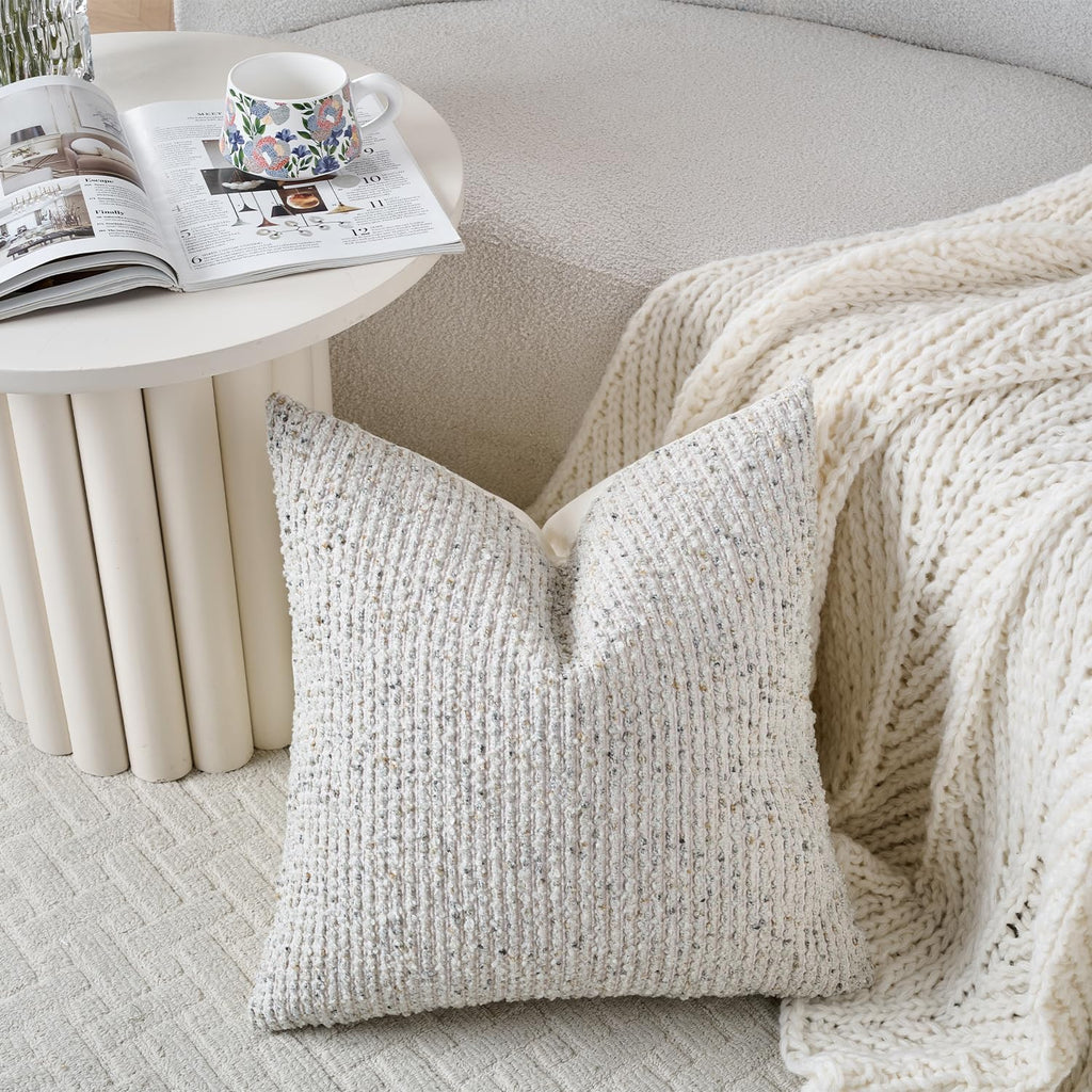Striped Throw Pillow Covers 16x16 Set of 2 Cream Grey Textured Boucle Chic Morden Boho Accent Farmhouse Square Decorative Couch Pillow Covers for Home Decor Bed Sofa Living Room