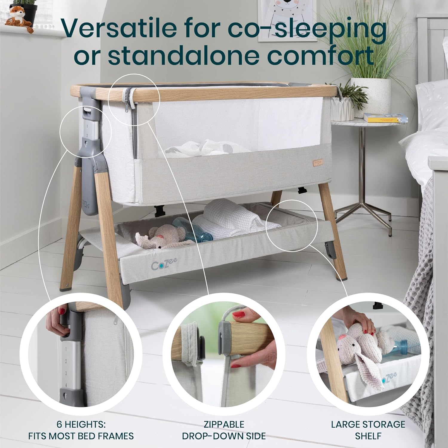 CoZee® 2-in-1 Baby Bassinet & Bedside Sleeper - Fast-Folding Bedside Bassinet, Baby Crib with 6 Mattress Heights & Breathable Mesh Window, Mattress Included, 0-6 Months (Silver & Oak)