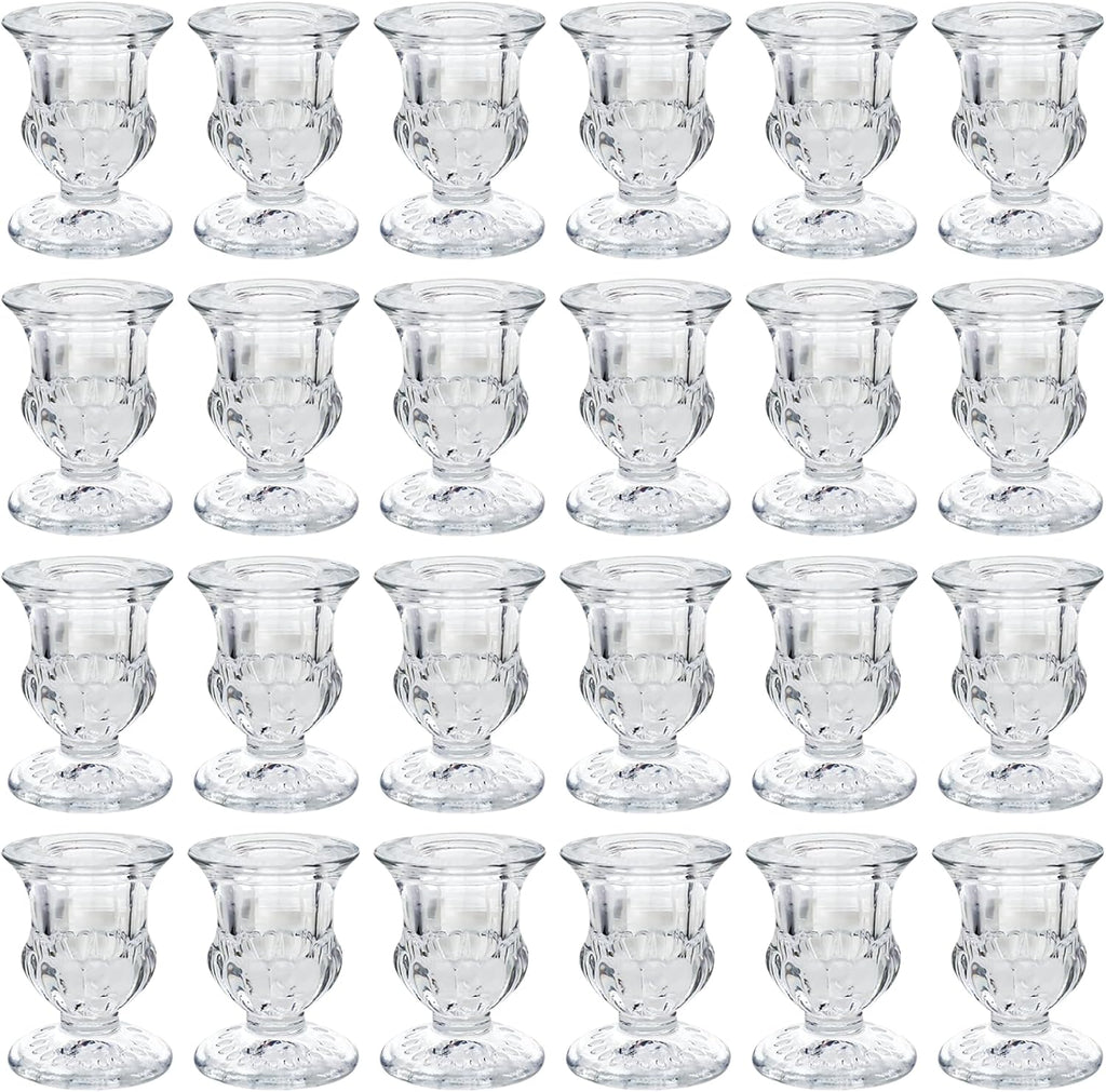 Glass Candle Holders Set of 24- Clear Candlestick Holders & Taper Candle Holders for Wedding Centerpiece Table Decorations, Valentines Day Decor, Party and Romantic Dinner