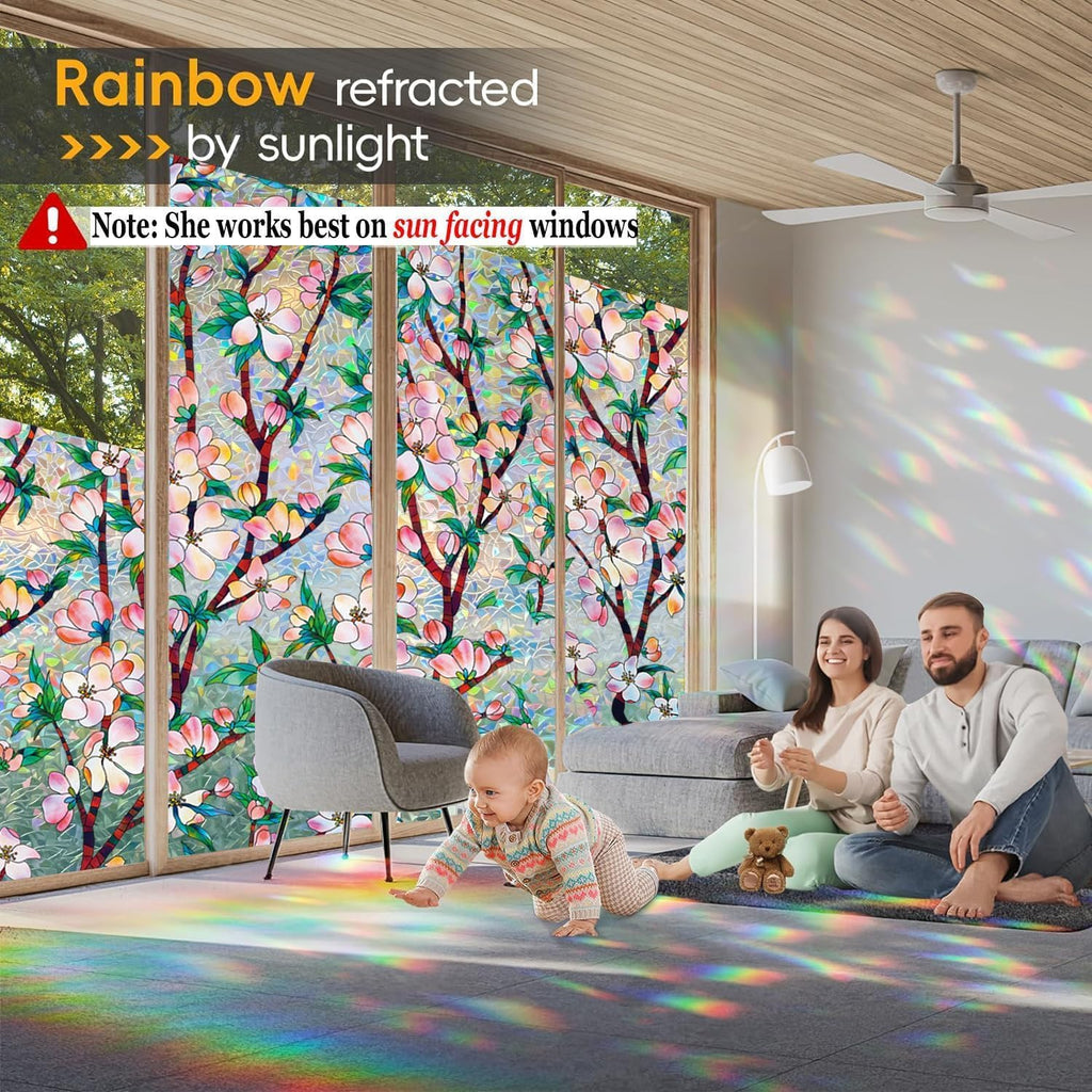 Rainbow Window Privacy Film Decorative, 3D Decals Stained Glass Clings, Static Cling Sticker, Suncatcher Windows Cover Tint for Home, 29.5 inch x 78.7 Inch