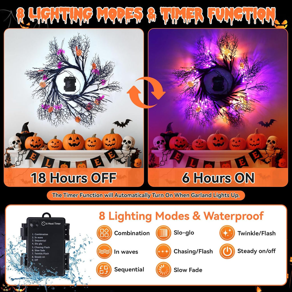 [8 Modes & Timer] 6Ft 45 LED Halloween Willow Vine Twig Garland with Orange Lights - Battery Operated, Waterproof Halloween Decor for Indoor Wall, Fireplace Mantle, Home Party (Pumpkins & Bats, 6FT)