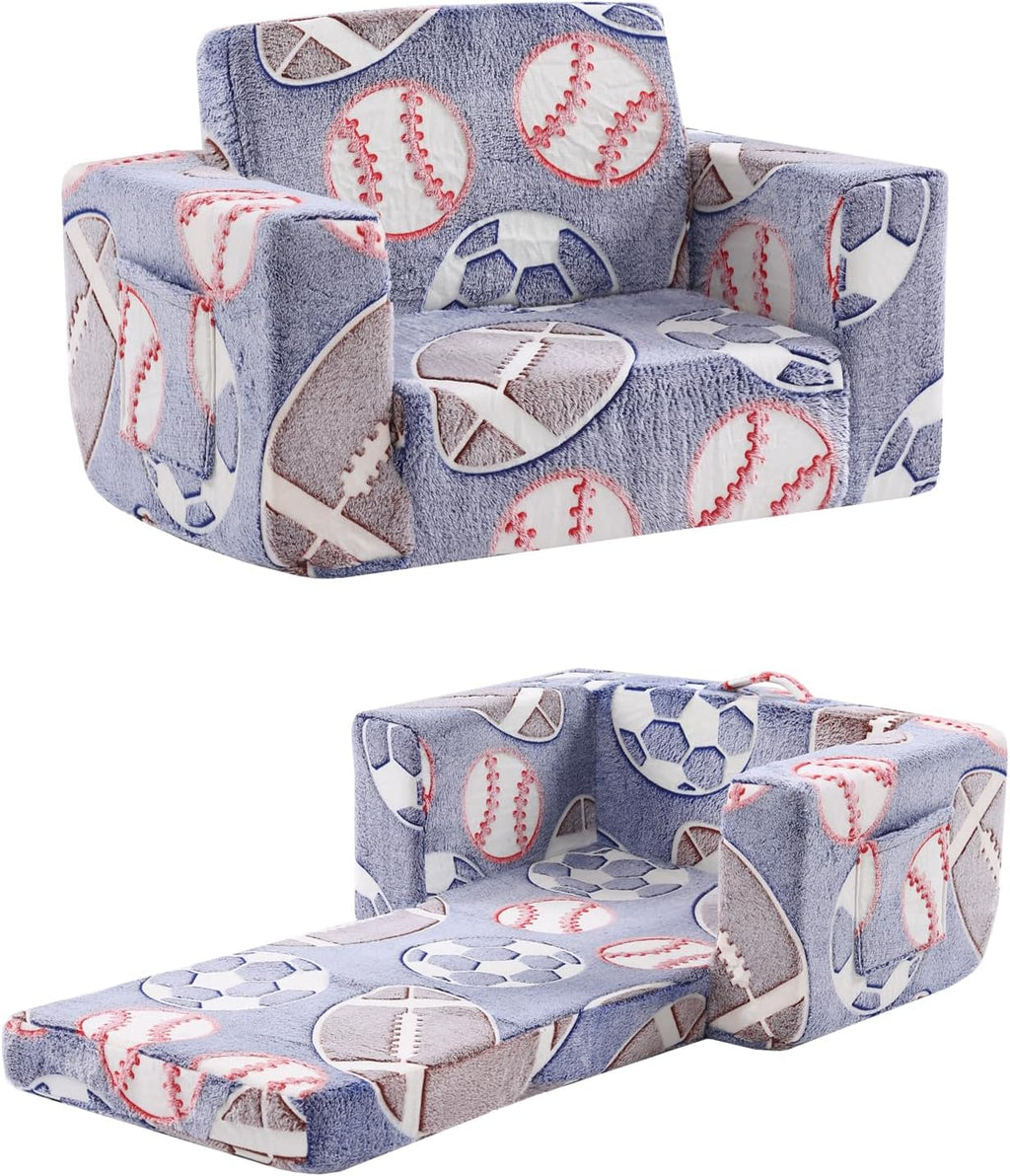 Toddler Chair Kids Couch, 2-in-1 Toddler Soft Sherpa Couch Fold Out Armchair Glow in The Dark with Removable Cover, Convertible Reading Chair Toddler Sofa for Kids, Football