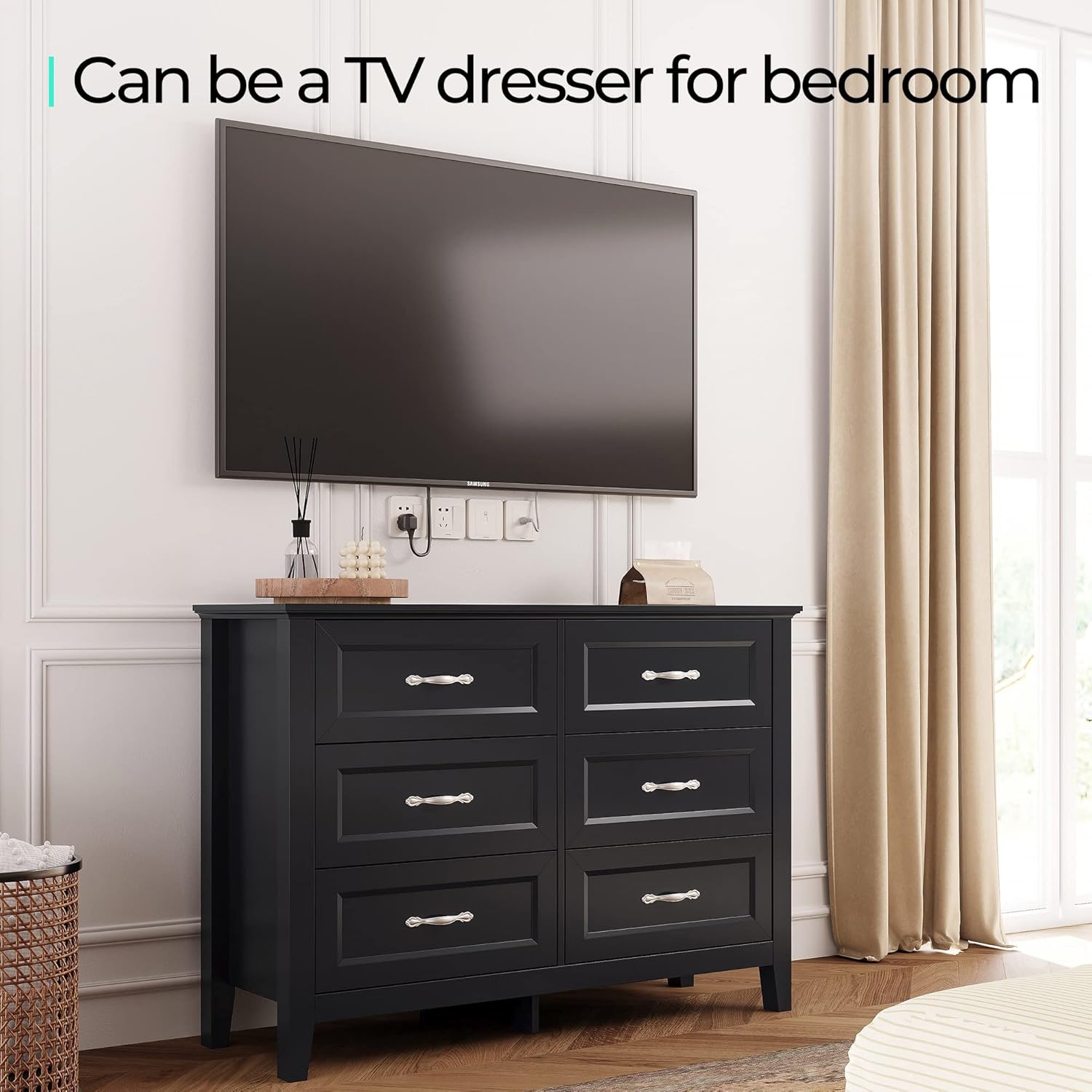 LINSY HOME Farmhouse 6 Drawers Dresser Chests for Bedroom, Wood Dresser Wide Chest of Drawers, Storage Dressers Organizer for Bedroom, Living Room,Hallway, SGS Certified