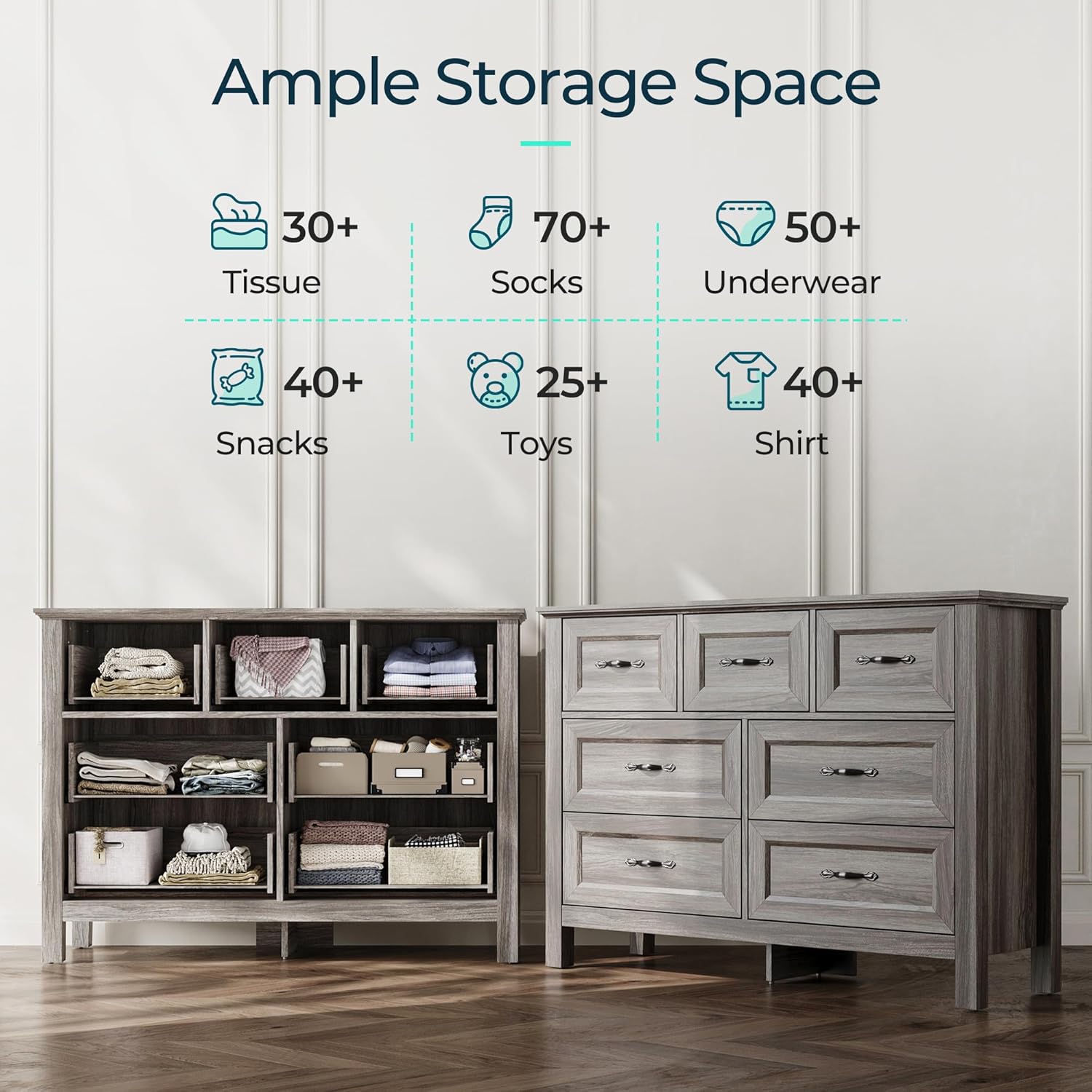 LINSY HOME Farmhouse 7 Drawers Dresser for Bedroom, Wood Chest of Drawers with Metal Handle, Wide Dresser Organizers for Bedroom, Nursery, Closet, Grey