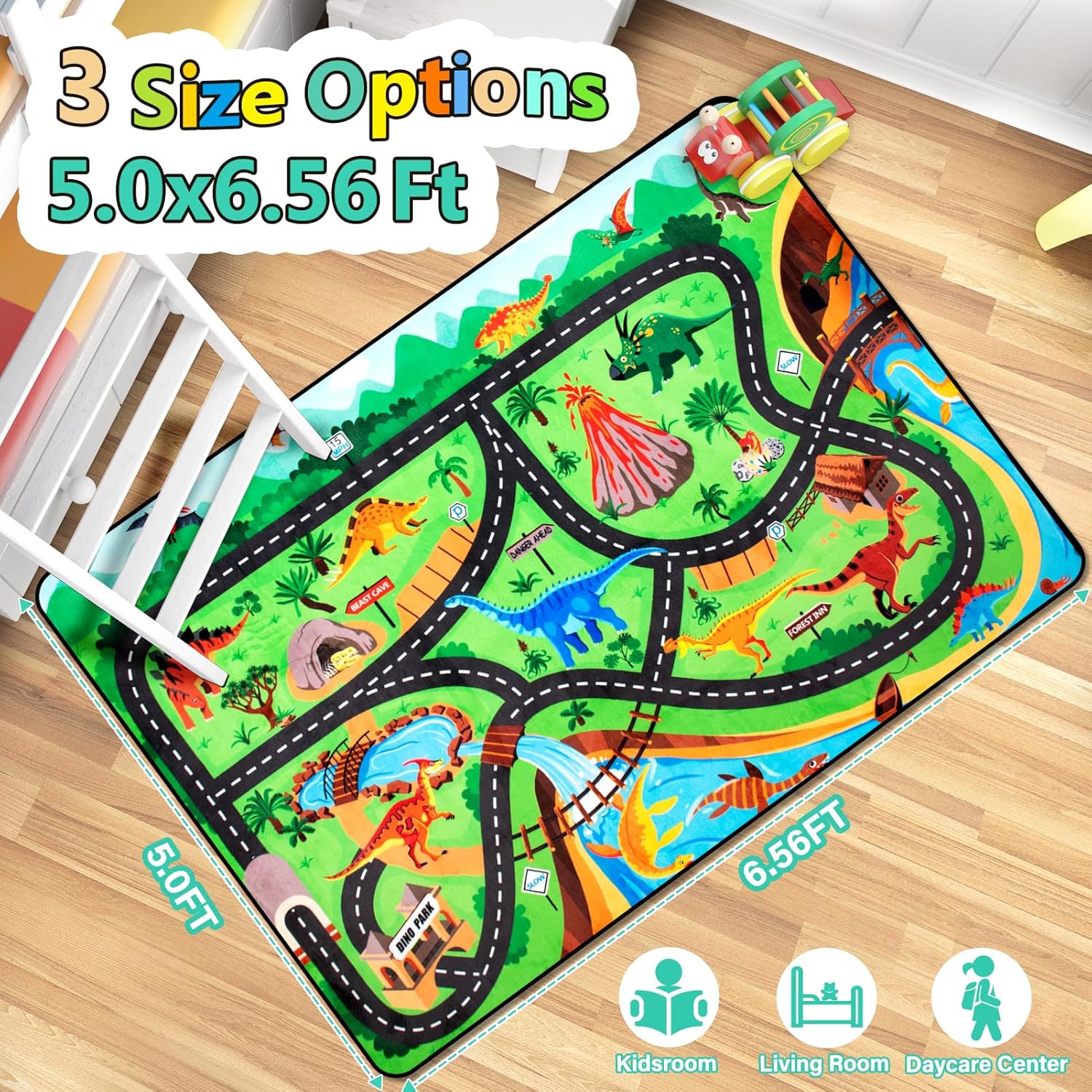 Kids Rug, Car Carpet for Kids' Toy Cars, 5x7 Ft Dinosaur Rug, Dino Safari Road Mat for Playroom, Educational Learning & Game Area Baby Play Mat Carpet for Children