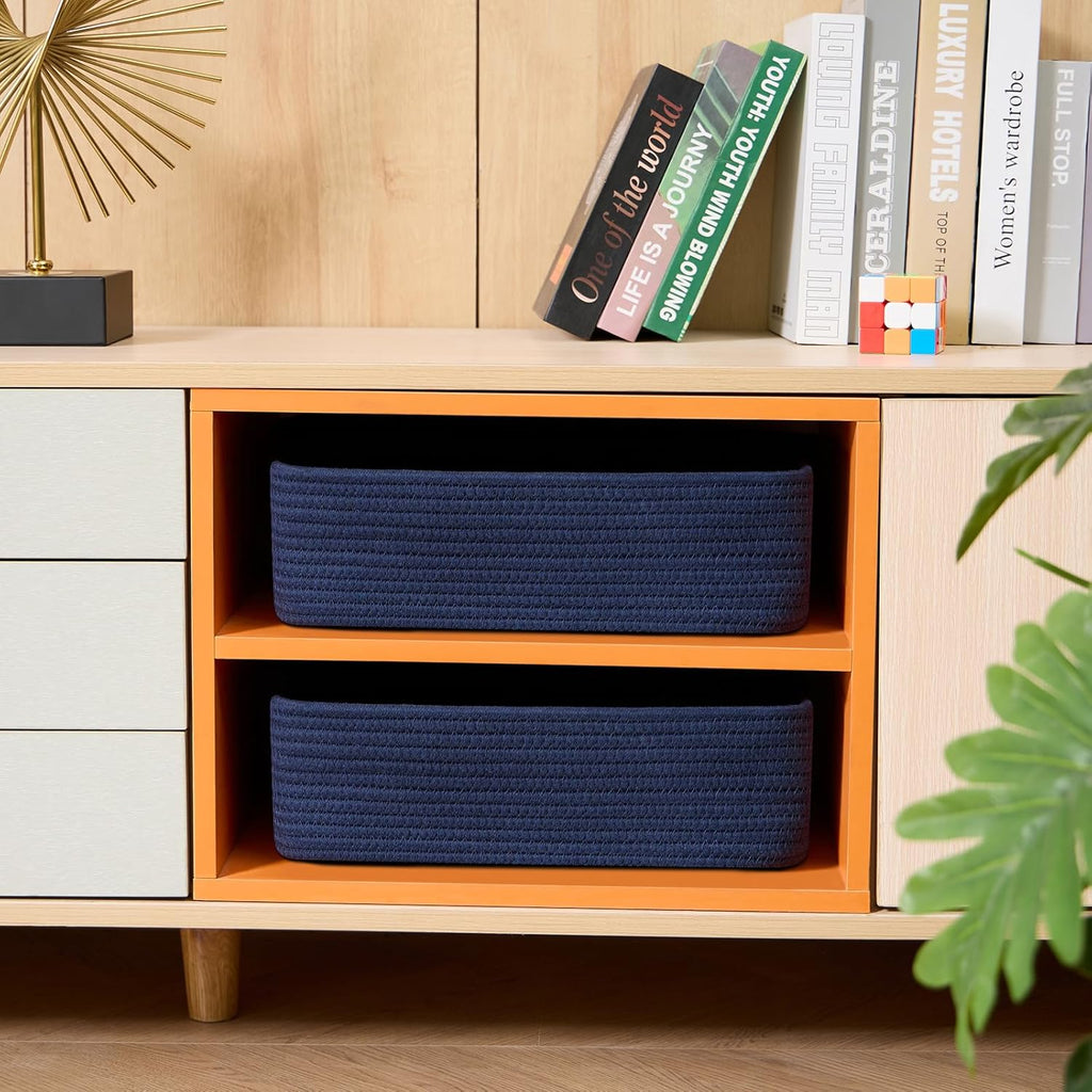 Large Shallow Organizing Baskets 15x11x5.1 Inches - Rope Woven Storage Bins for Bathroom, Shelves, Cube Closet, Navy Blue 2 Packs