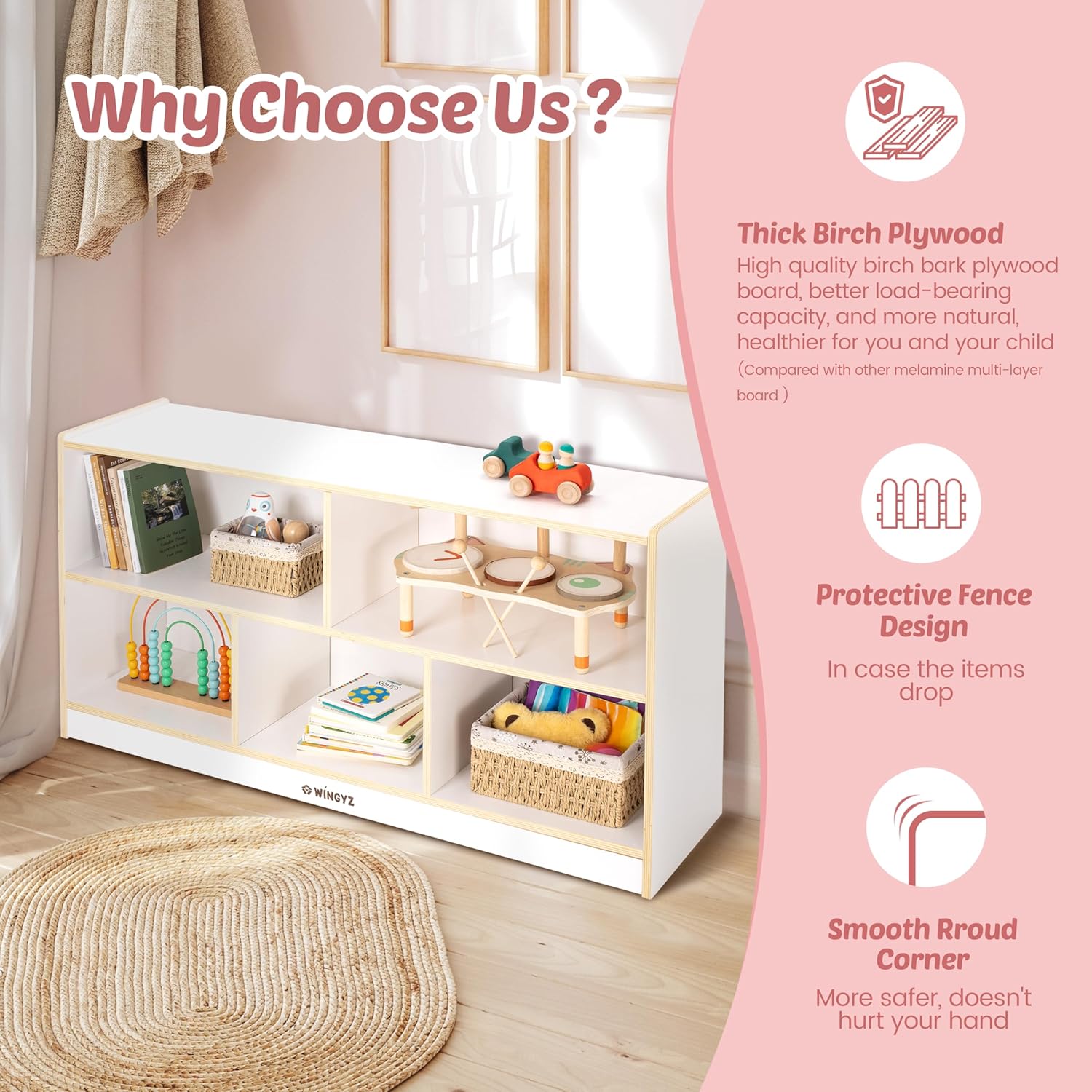 Toy Storage Organizer for Kids, 5-Compartment Wooden Storage Cabinet, Children Bookcase and Montessori Bookshelf, Book Shelf for Kids Room, Playroom, Living Room, Nursery, Classroom 24'' H(White)