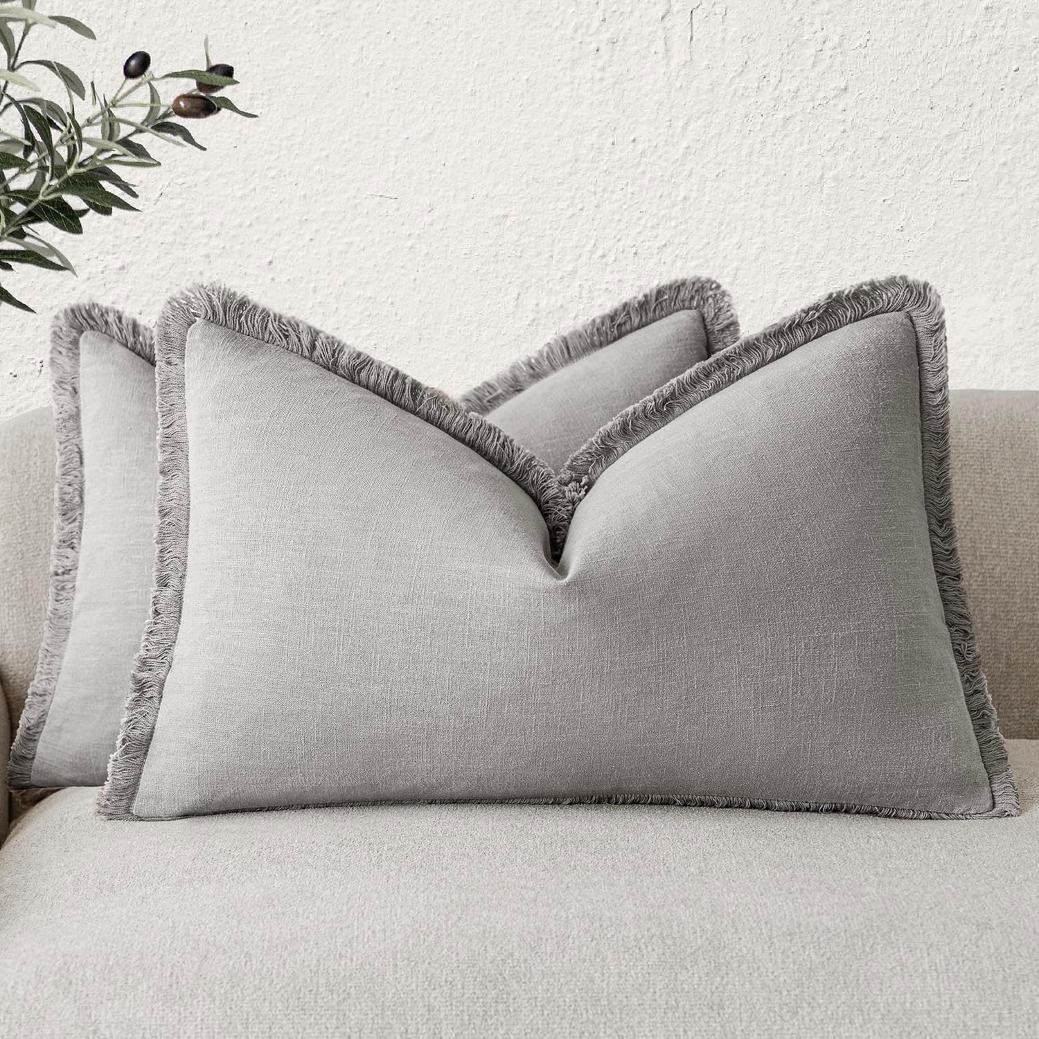 Foindtower Set of 2 Decorative Linen Fringe Throw Pillow Covers Cozy Farmhouse Cushion Cover with Tassels Accent Pillowcase for Couch Bed Living Room Home Bedroom Decor,12×24 Inch,Light Rustic Gray