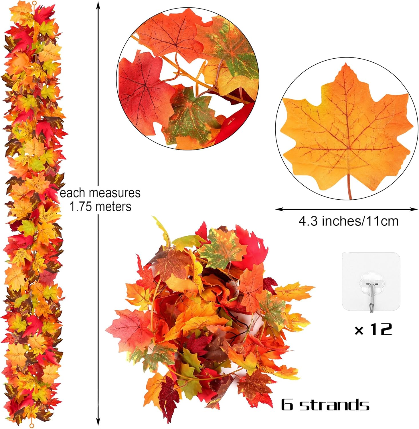 Fovths 6 Pack Maple Leaves Garland 5.8ft/Pc Artificial Fall Decorations Colorful Autumn Hanging Vine for Thanksgiving Halloween Fireplace Indoor Outdoor Decor
