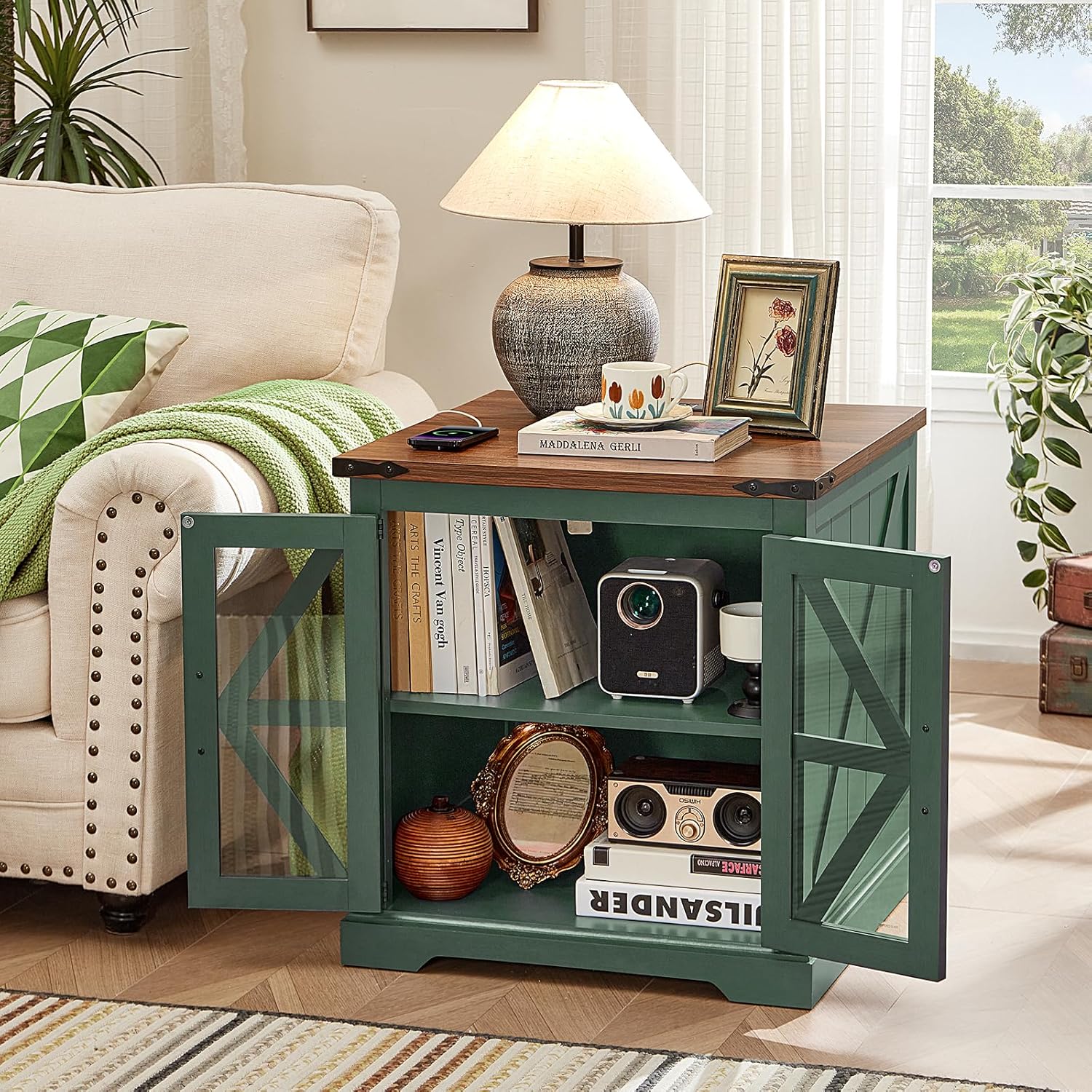 24" End Table with Charging Station, Farmhouse Night Stand with Glass Barn Door, Green Nightstands with Adjustable Storage Shelf, Large Wood Square Bed Side Table for Living Room, Bedroom
