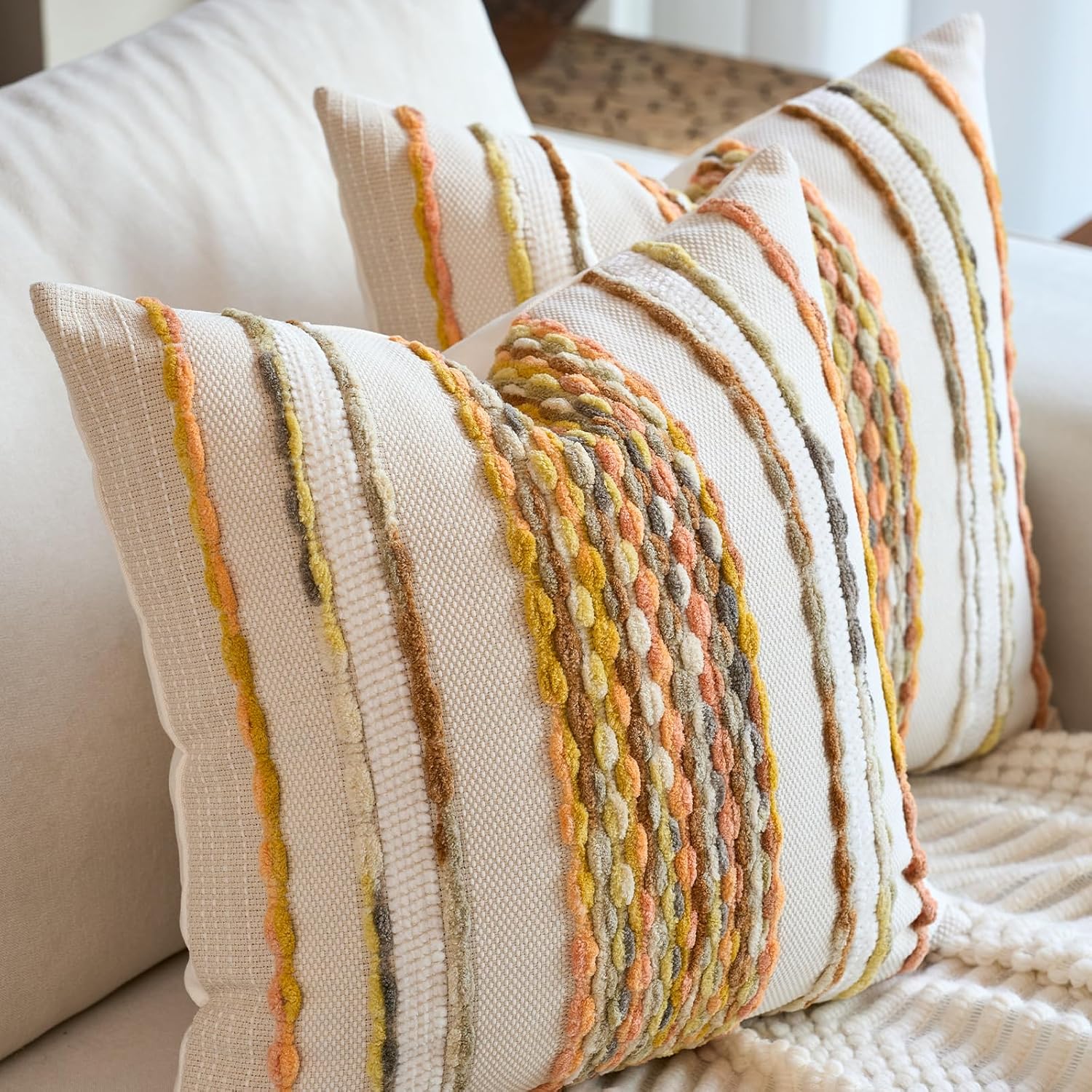 Aeckself Boho Pillow Covers 18x18 Inch Set of 2, Farmhouse Decorative Striped Square Chenille Tufted Accent Neutral Throw Pillow Covers for Living Room Couch Bed, Light Yellow