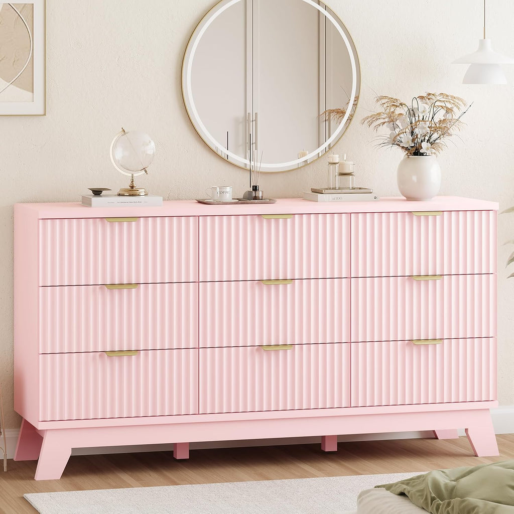 Fluted Dresser for Bedroom with 9 Drawers, 57" Wide Modern Chest of Drawers with Metal Handle, Wooden Dresser TV Stand, Wood Closet Clothes Storage Organizer for Living Room, Hallway, Pink
