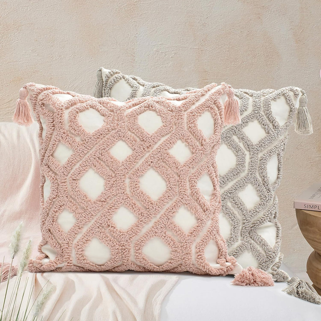 Boho Pillow Covers 18X18 Inch Boho Tufted Throw Pillow Covers Decorative Tassels Cushion Cover Farmhouse Pillow Case for Couch Sofa Bed Living Room Bedroom, Taupe