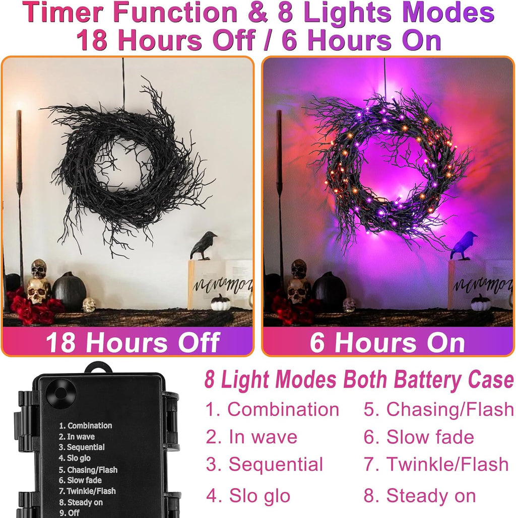 9 FT 66 LED Willow Vine Twig Decor Black Halloween Garland with Orange Purple Lights, Timer 8 Modes Waterproof Battery Operated Indoor Halloween Decorations for Wall Fireplace Mantle Home Office Decor