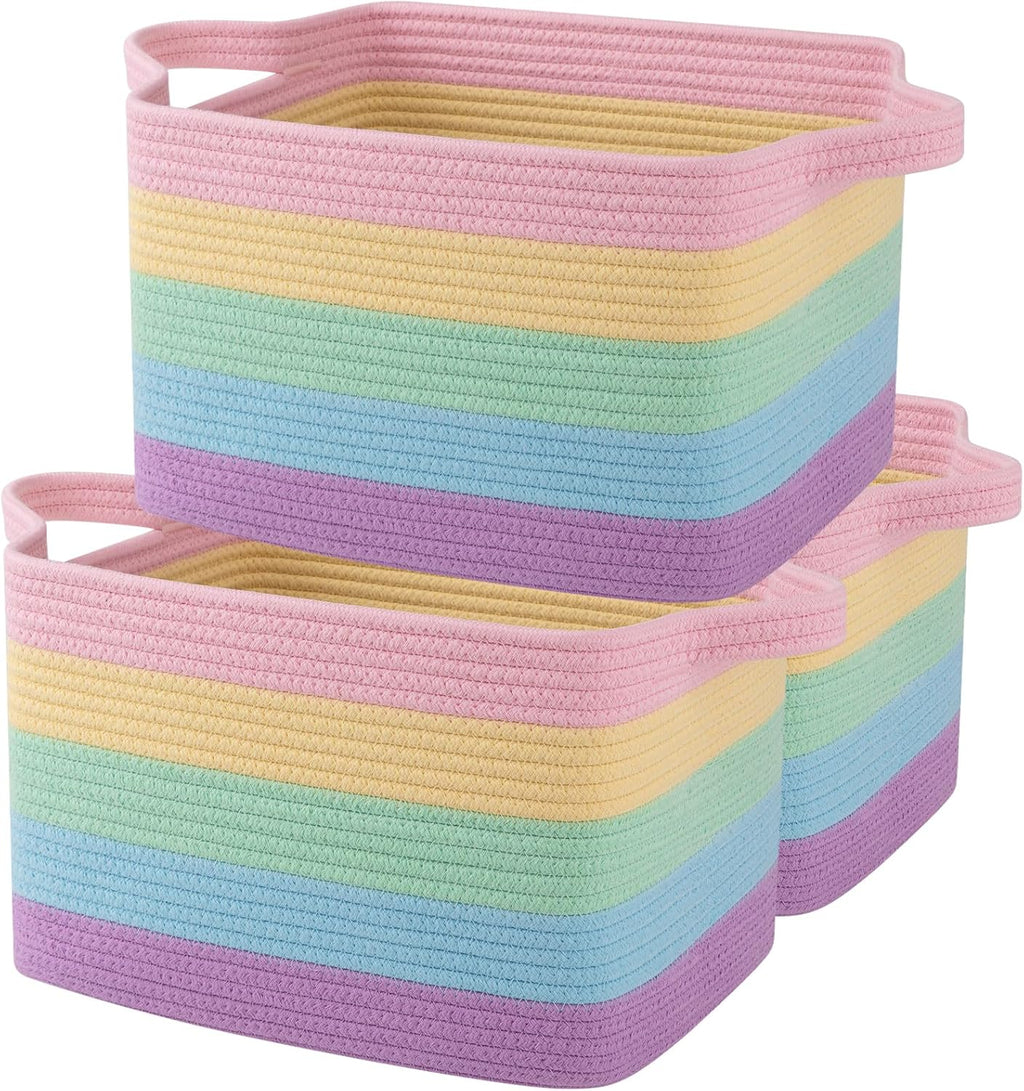 OIAHOMY Storage Basket, Woven Baskets for Storage, Cotton Rope Basket for toys,Towel Baskets for Bathroom - Pack of 3, Rainbow Pastel