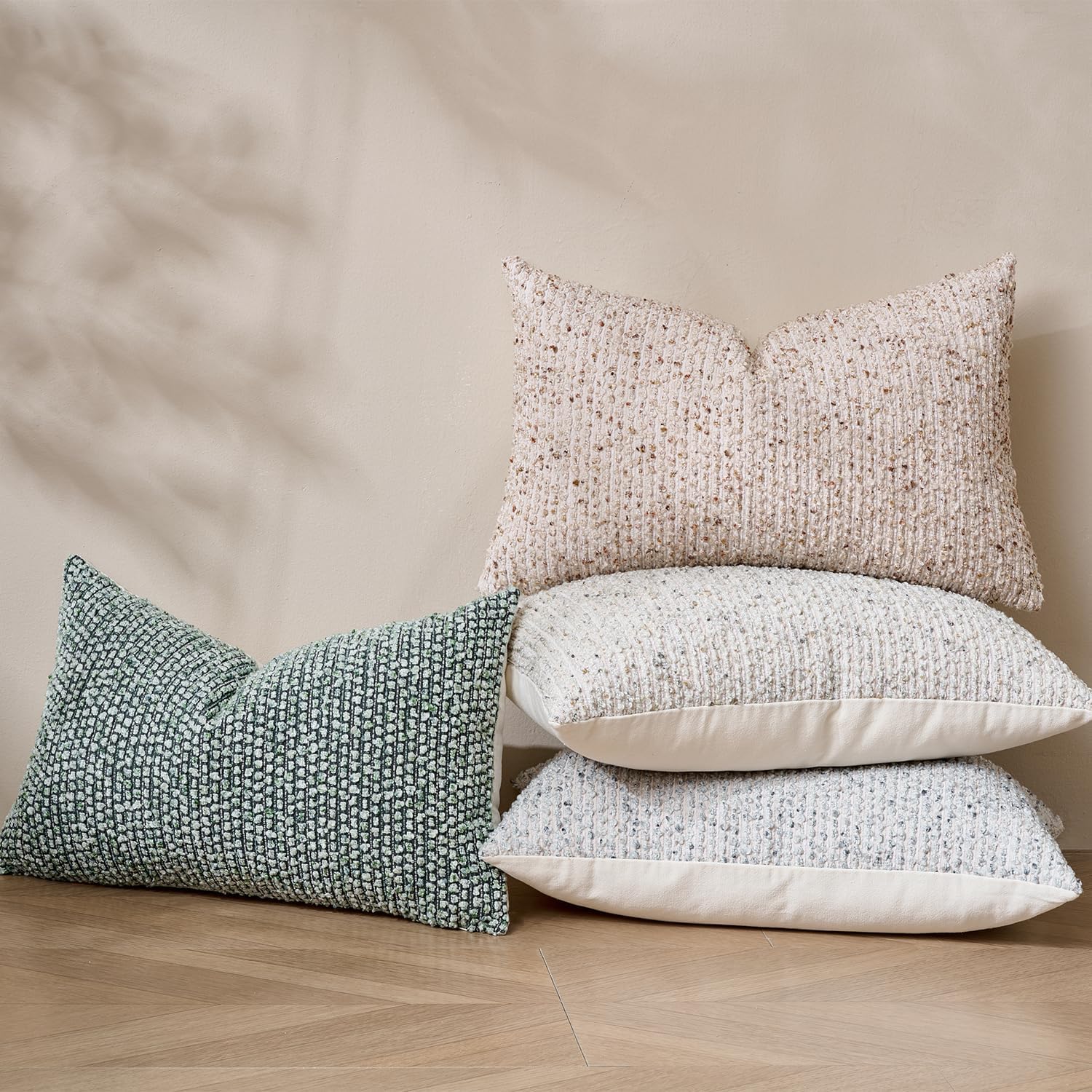 Striped Throw Pillow Covers 12x20 Set of 2 Cream Grey Textured Boucle Chic Morden Boho Accent Farmhouse Rectangular Lumbar Decorative Couch Pillow Covers for Home Decor Bed Sofa Living Room