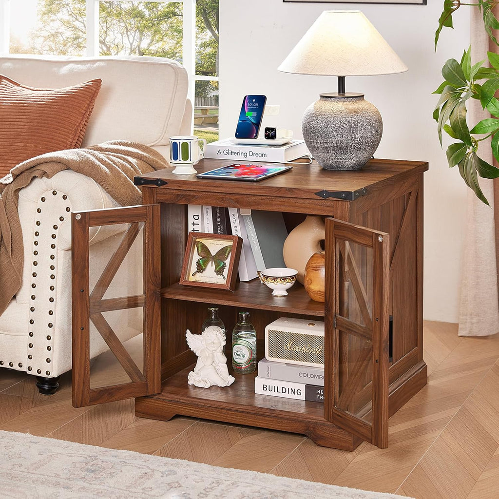 24" End Table with Charging Station, Farmhouse Night Stand with Glass Barn Door, Green Nightstands with Adjustable Storage Shelf, Large Wood Square Bed Side Table for Living Room, Bedroom