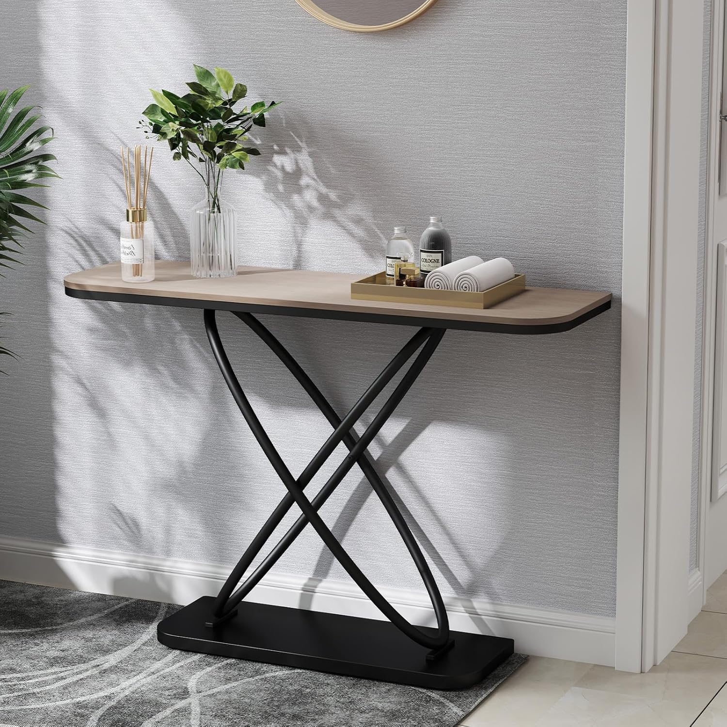 BECHAEO Farmhouse Narrow Console Table for for Living Room, 47.4" Rustic Narrow Entryway Table, Sofa Tables Behind Couch, Industrial Wooden Accent Tables for Hallway Foyer Warm Gray