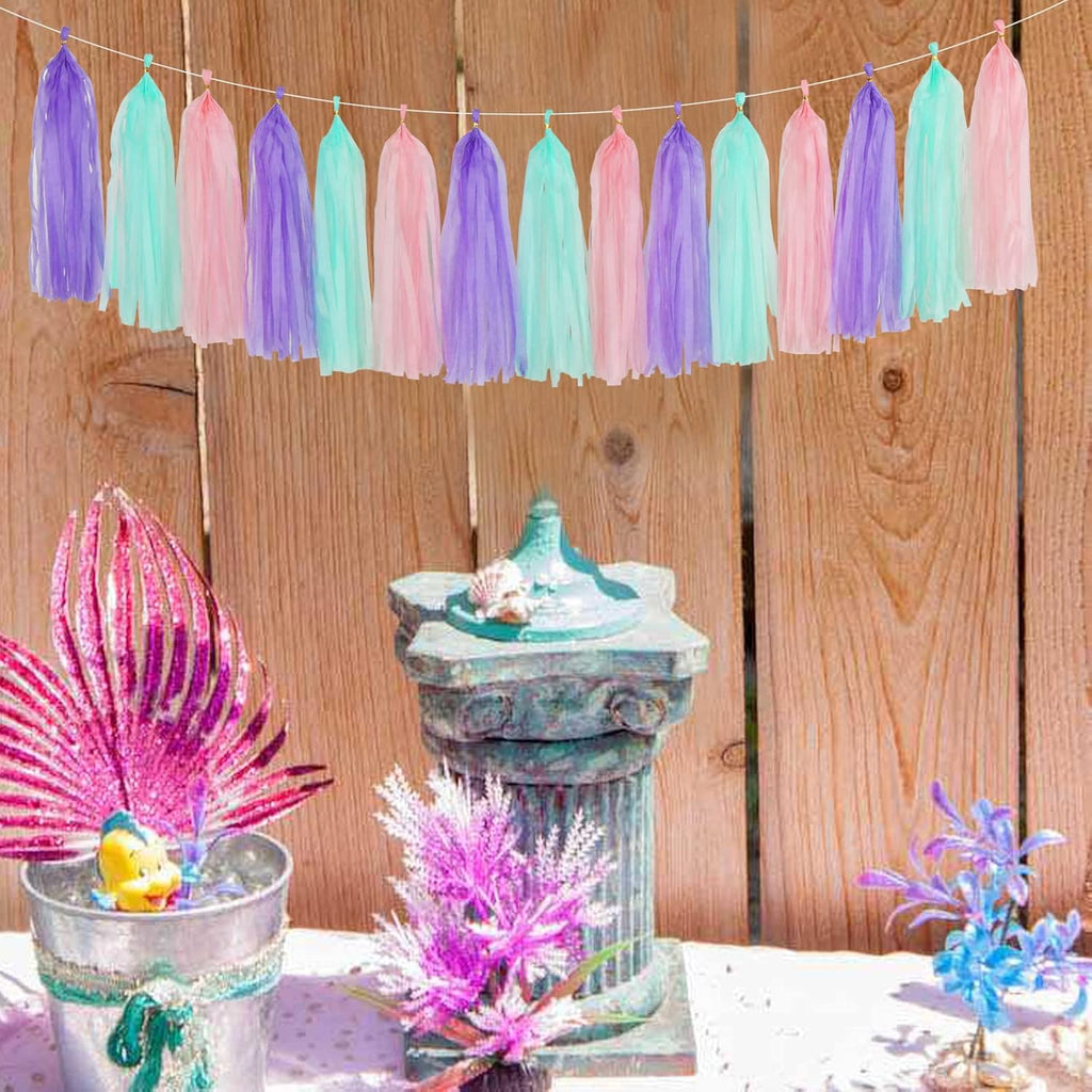 Pink-Purple Mint Mermaid Ocean-Themed Party-Decorations - 15pcs Tassel Garland Streamers Wedding Birthday Engagement Baby Bridal Shower Tassels Banner Decor Panduola